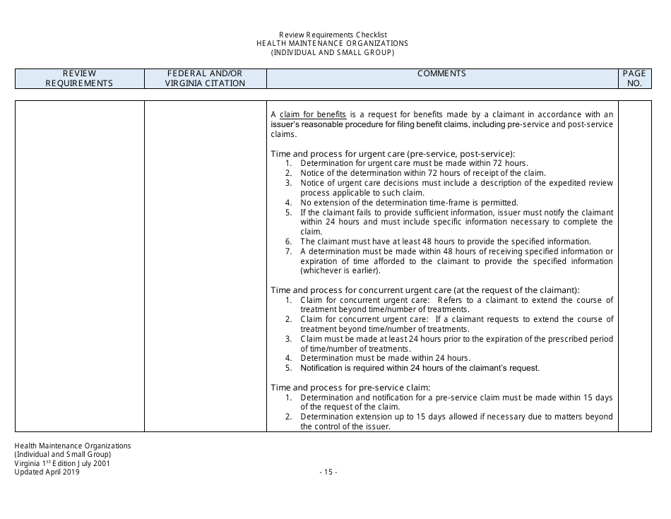 Form Filing Review Checklist - Health Maintenance Organizations (HMOs) (Individual and Small Group) - Virginia, Page 15