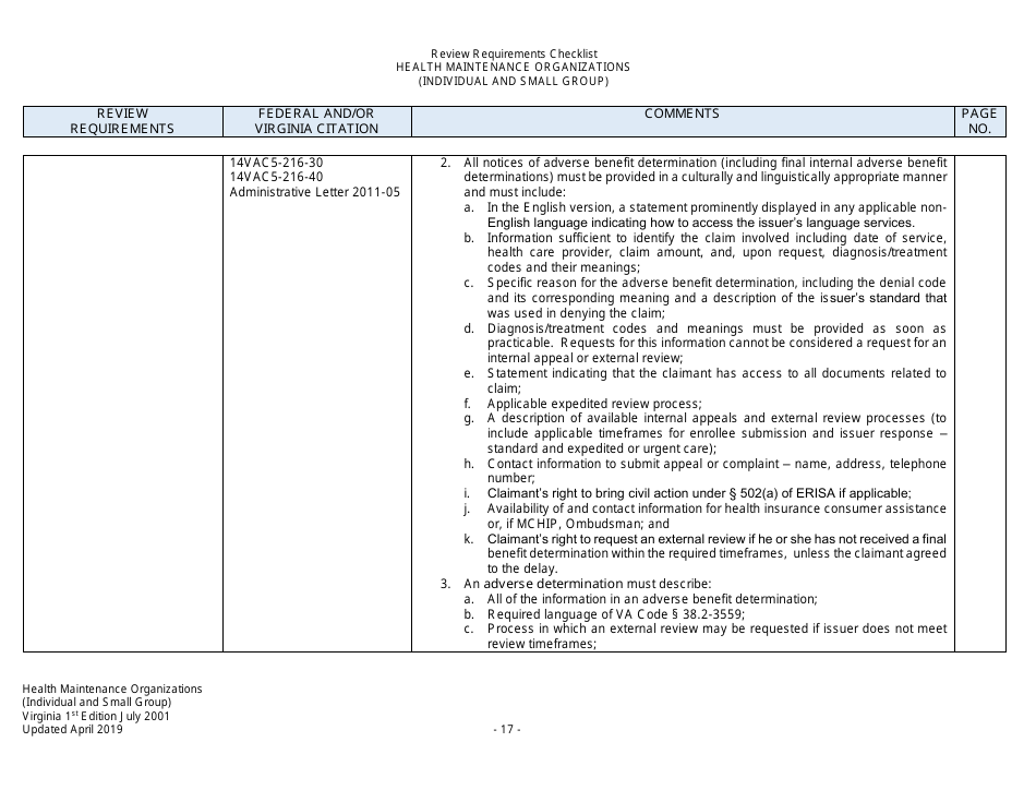 Form Filing Review Checklist - Health Maintenance Organizations (HMOs) (Individual and Small Group) - Virginia, Page 17