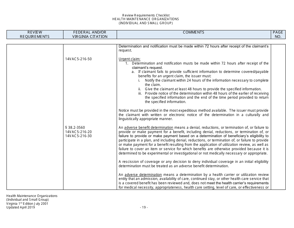 Form Filing Review Checklist - Health Maintenance Organizations (HMOs) (Individual and Small Group) - Virginia, Page 19
