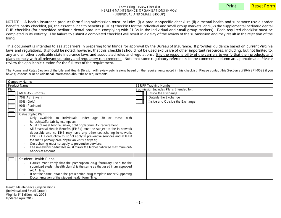 Form Filing Review Checklist - Health Maintenance Organizations (HMOs) (Individual and Small Group) - Virginia, Page 1