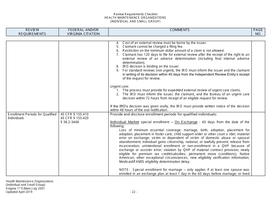 Form Filing Review Checklist - Health Maintenance Organizations (HMOs) (Individual and Small Group) - Virginia, Page 22