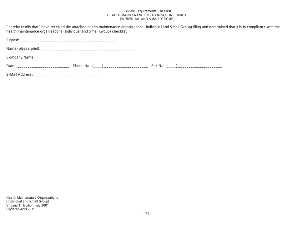 Form Filing Review Checklist - Health Maintenance Organizations (HMOs) (Individual and Small Group) - Virginia, Page 24