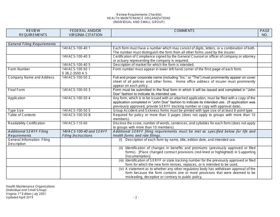 Form Filing Review Checklist - Health Maintenance Organizations (HMOs) (Individual and Small Group) - Virginia, Page 2