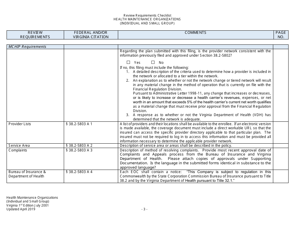 Form Filing Review Checklist - Health Maintenance Organizations (HMOs) (Individual and Small Group) - Virginia, Page 3