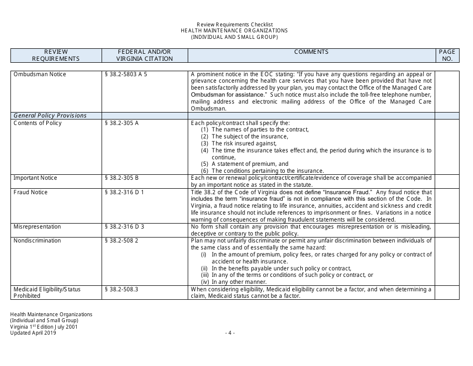 Form Filing Review Checklist - Health Maintenance Organizations (HMOs) (Individual and Small Group) - Virginia, Page 4