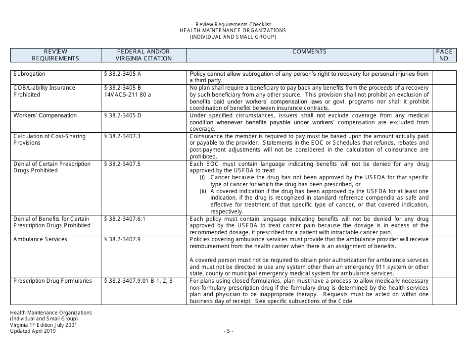 Form Filing Review Checklist - Health Maintenance Organizations (HMOs) (Individual and Small Group) - Virginia, Page 5
