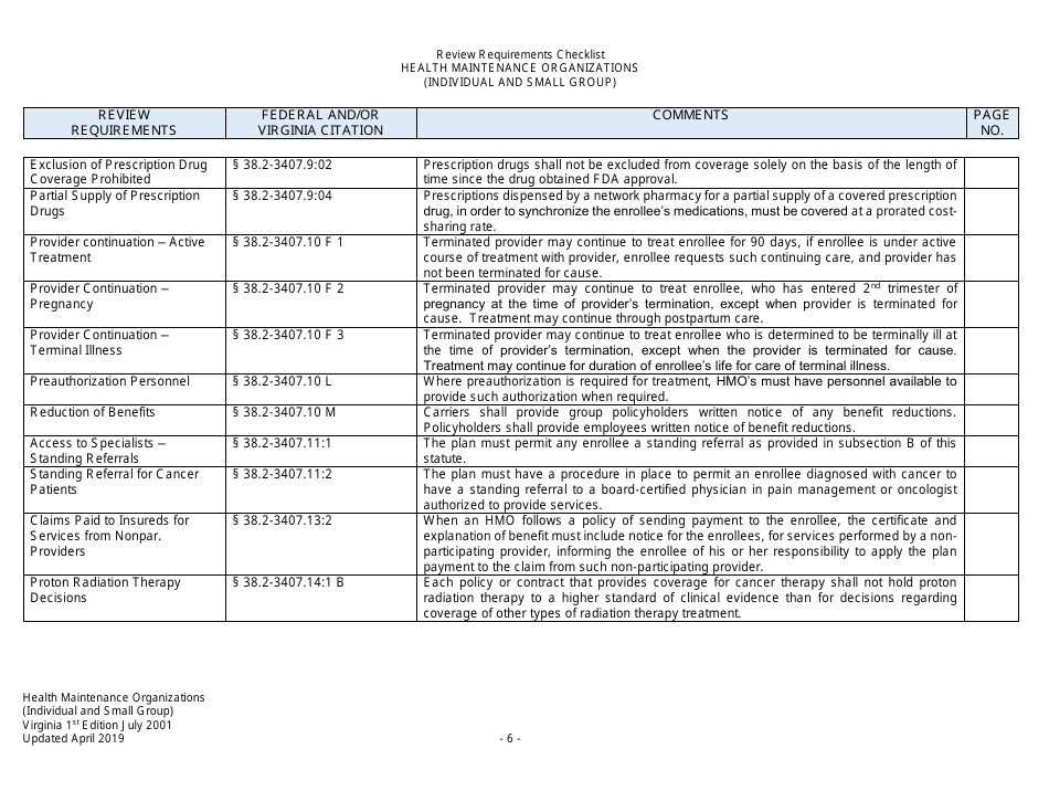 Form Filing Review Checklist - Health Maintenance Organizations (HMOs) (Individual and Small Group) - Virginia, Page 6