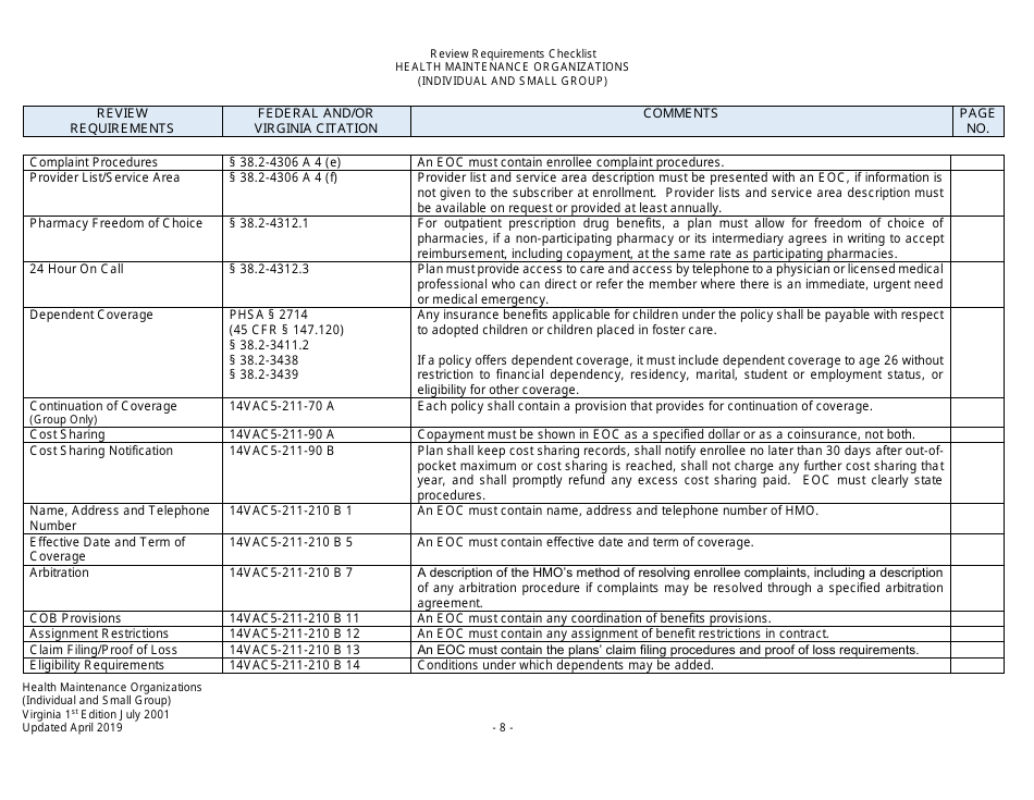 Form Filing Review Checklist - Health Maintenance Organizations (HMOs) (Individual and Small Group) - Virginia, Page 8