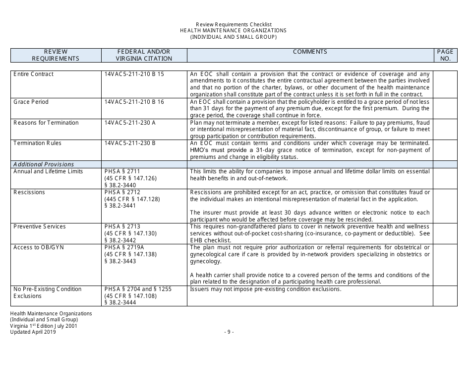 Form Filing Review Checklist - Health Maintenance Organizations (HMOs) (Individual and Small Group) - Virginia, Page 9