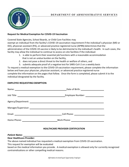 Request for Medical Exemption for Covid-19 Vaccination - Connecticut Download Pdf