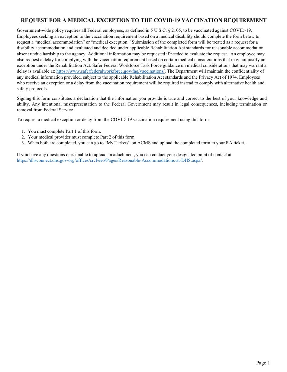 Request for a Medical Exception to the Covid-19 Vaccination Requirement, Page 1