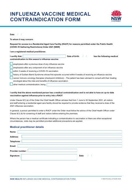 Influenza Vaccine Medical Contraindication Form - New South Wales, Australia Download Pdf