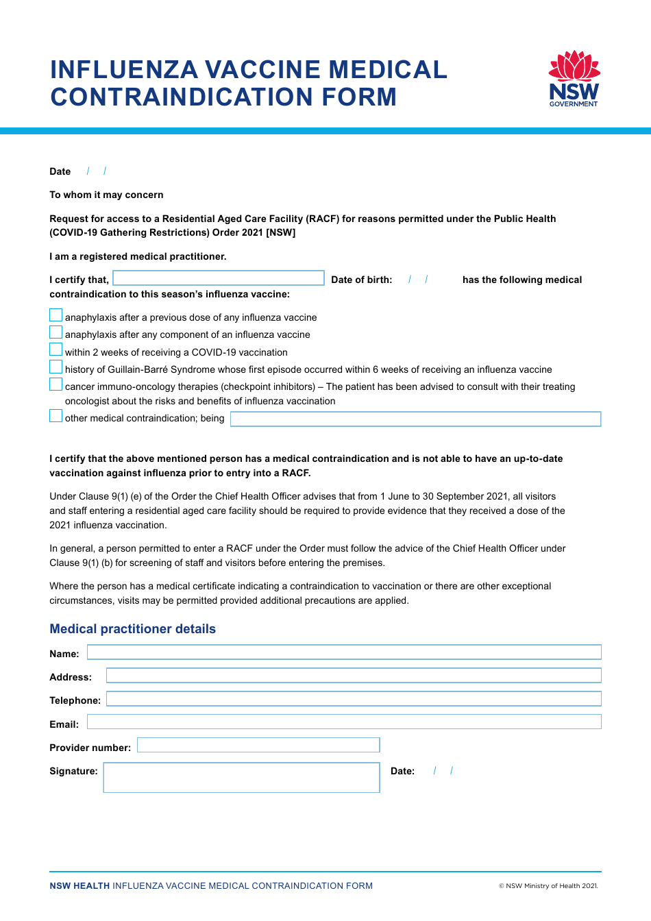 Influenza Vaccine Medical Contraindication Form - New South Wales, Australia, Page 1