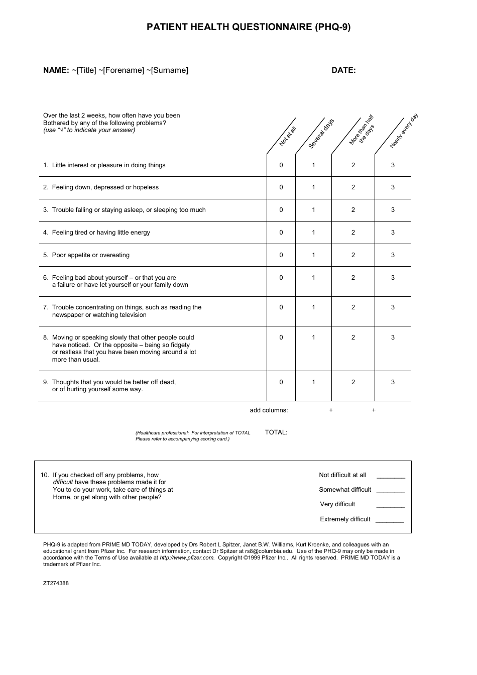 Patient Health Questionnaire (PHQ-9) - Pfizer Inc.