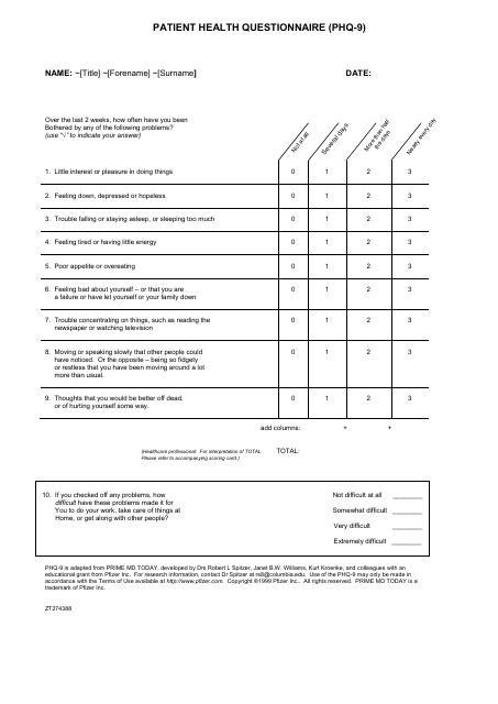 Patient Health Questionnaire (Phq-9) - Pfizer Inc.