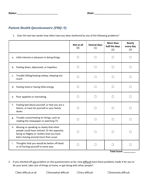 Preview of Patient Health Questionnaire (PHQ-9) document