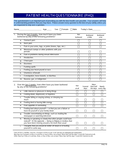 Patient Health Questionnaire (PHQ) document preview image