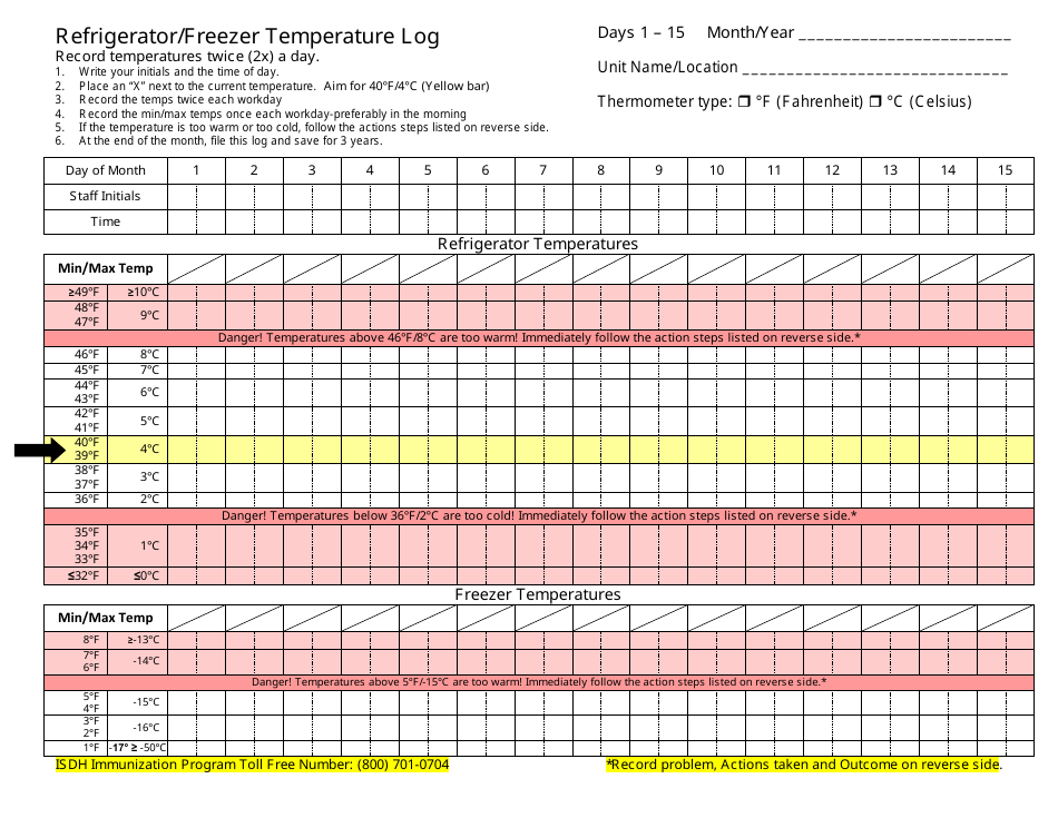 Refrigerator / Freezer Temperature Log - Indiana, Page 1