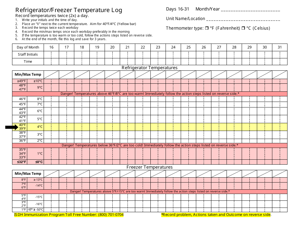 Refrigerator / Freezer Temperature Log - Indiana, Page 3