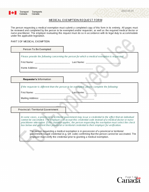 Medical Exemption Request Form - Canada Download Pdf