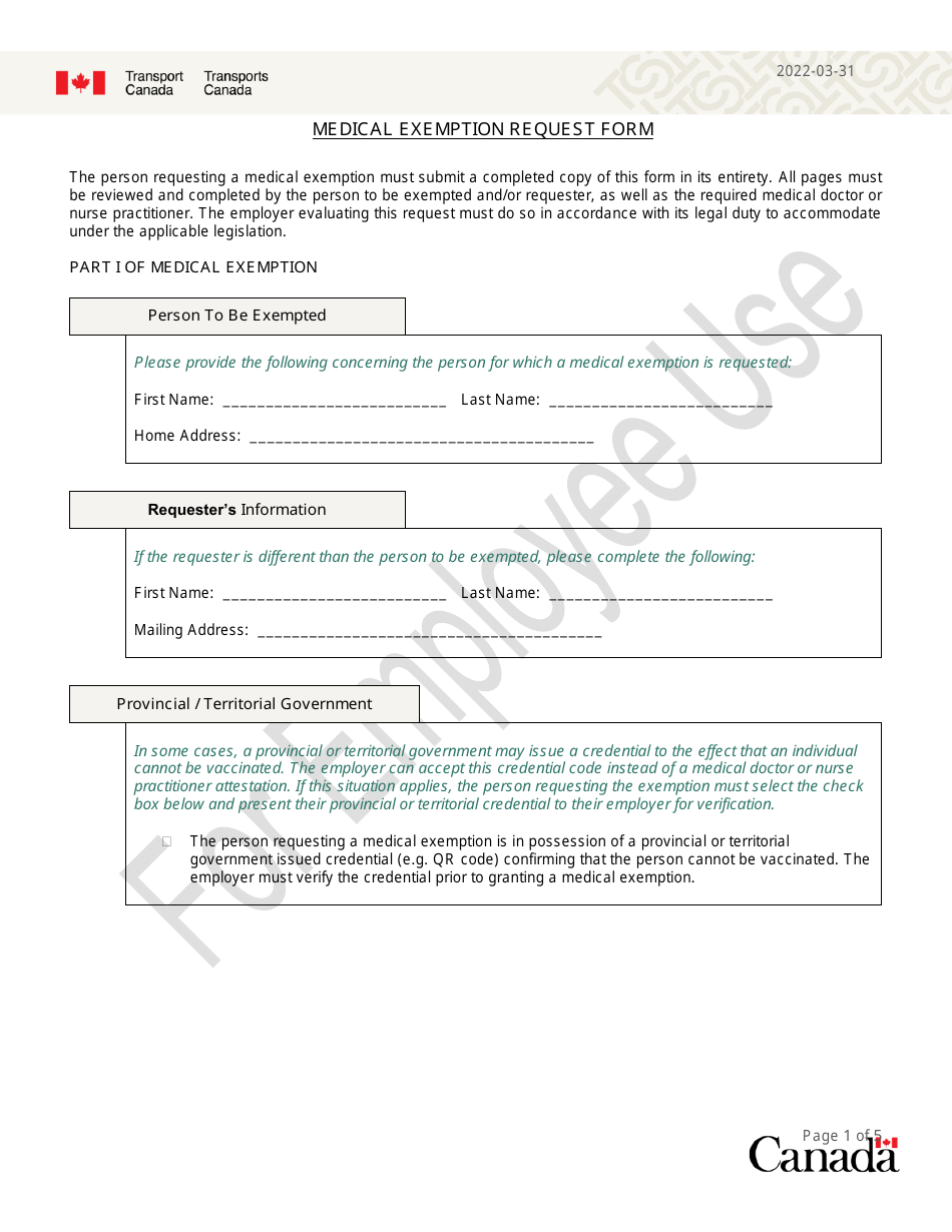 Medical Exemption Request Form - Canada, Page 1