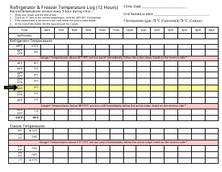 Document preview: Refrigerator & Freezer Temperature Log (12 Hours) - Indiana