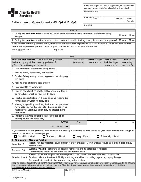 Form 19825 Patient Health Questionnaire (Phq-2 & Phq-9) - Alberta, Canada