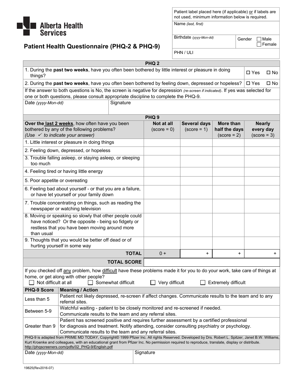 Form 19825 Patient Health Questionnaire (Phq-2  Phq-9) - Alberta, Canada, Page 1