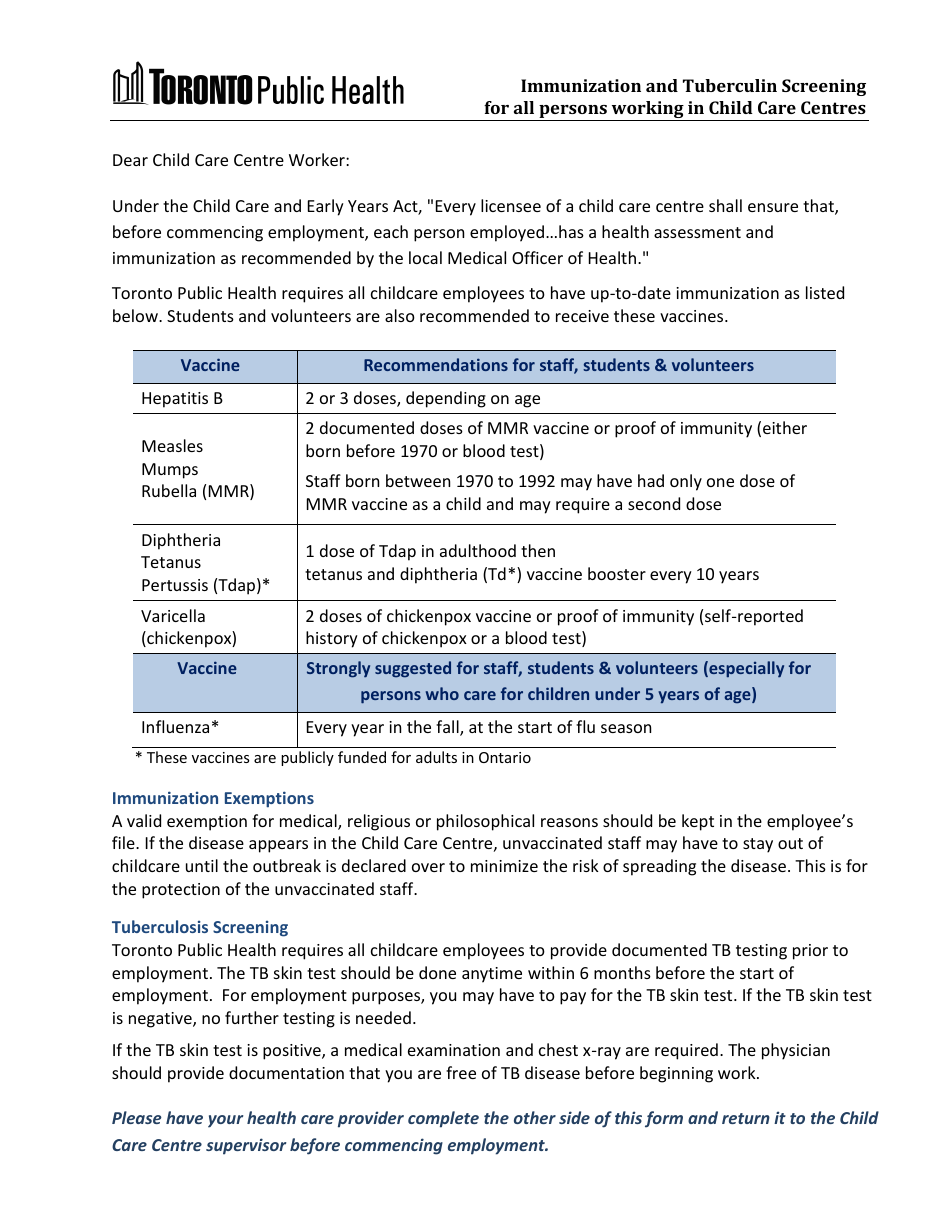 City Of Toronto Ontario Canada Immunization And Tuberculin Screening   Immunization And Tuberculin Screening For All Persons Working In Child Care Centres City Of Toronto Ontario Canada Print Big 