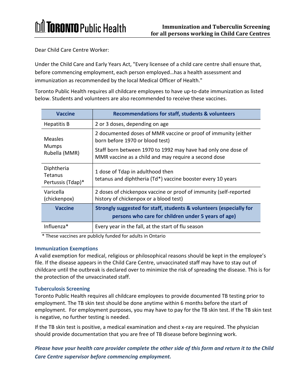 Immunization and Tuberculin Screening for All Persons Working in Child Care Centres - City of Toronto, Ontario, Canada, Page 1