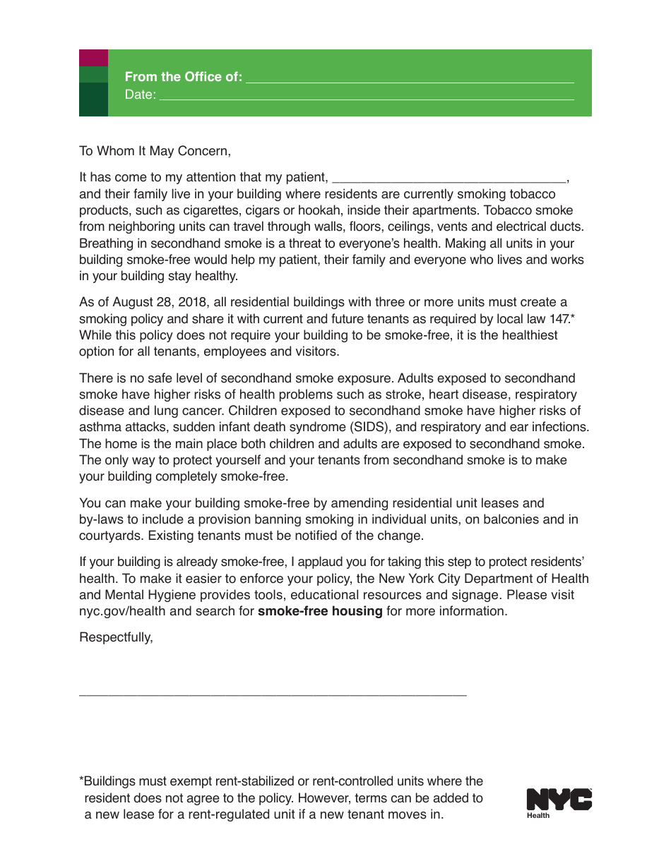 Doctors Smoke-Free Housing Letter - New York City, Page 1