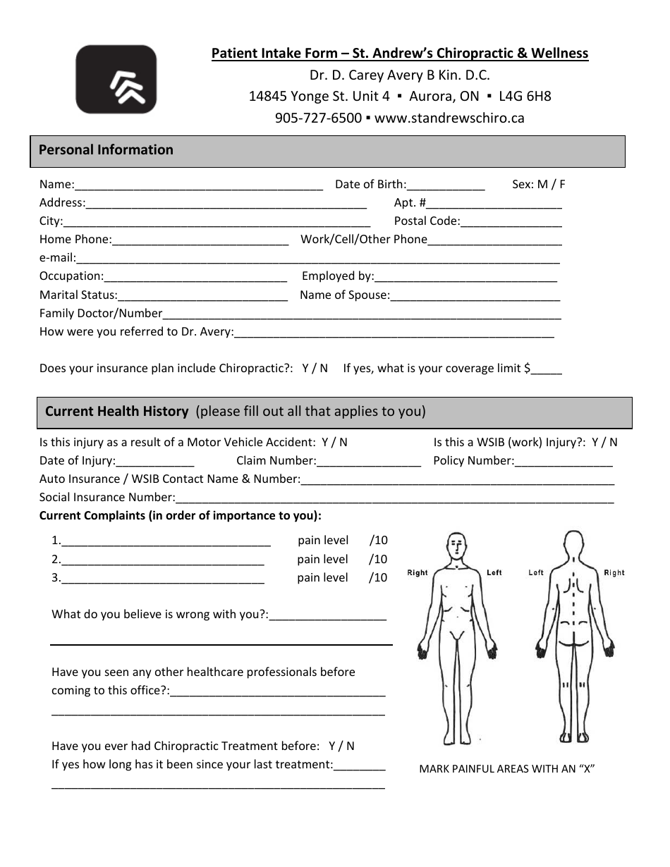 Chiropractic Patient Intake Form St Andrew S Chiropractic Wellness