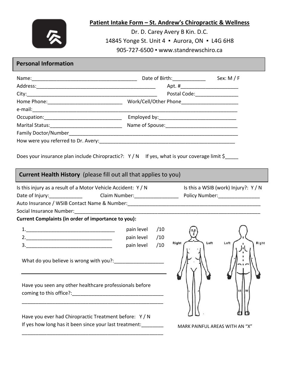 Chiropractic Patient Intake Form - St. Andrews Chiropractic  Wellness, Page 1