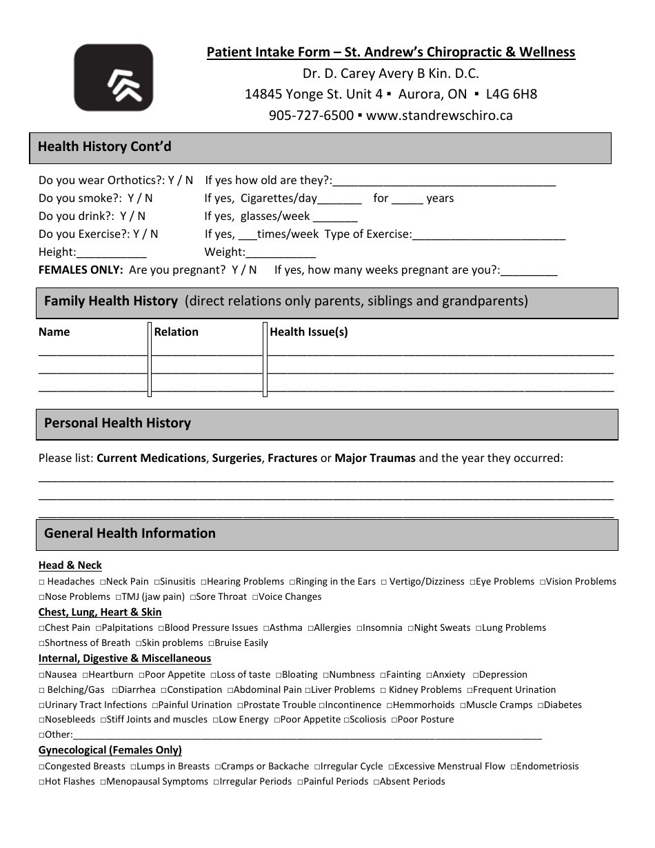 Chiropractic Patient Intake Form - St. Andrews Chiropractic  Wellness, Page 2