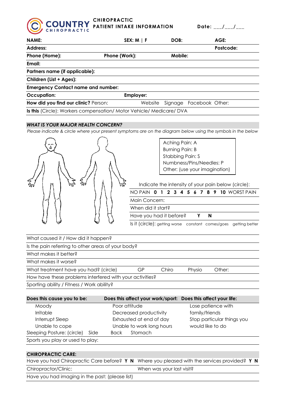 Chiropractic Patient Intake Form - Country Chiropractic, Page 1