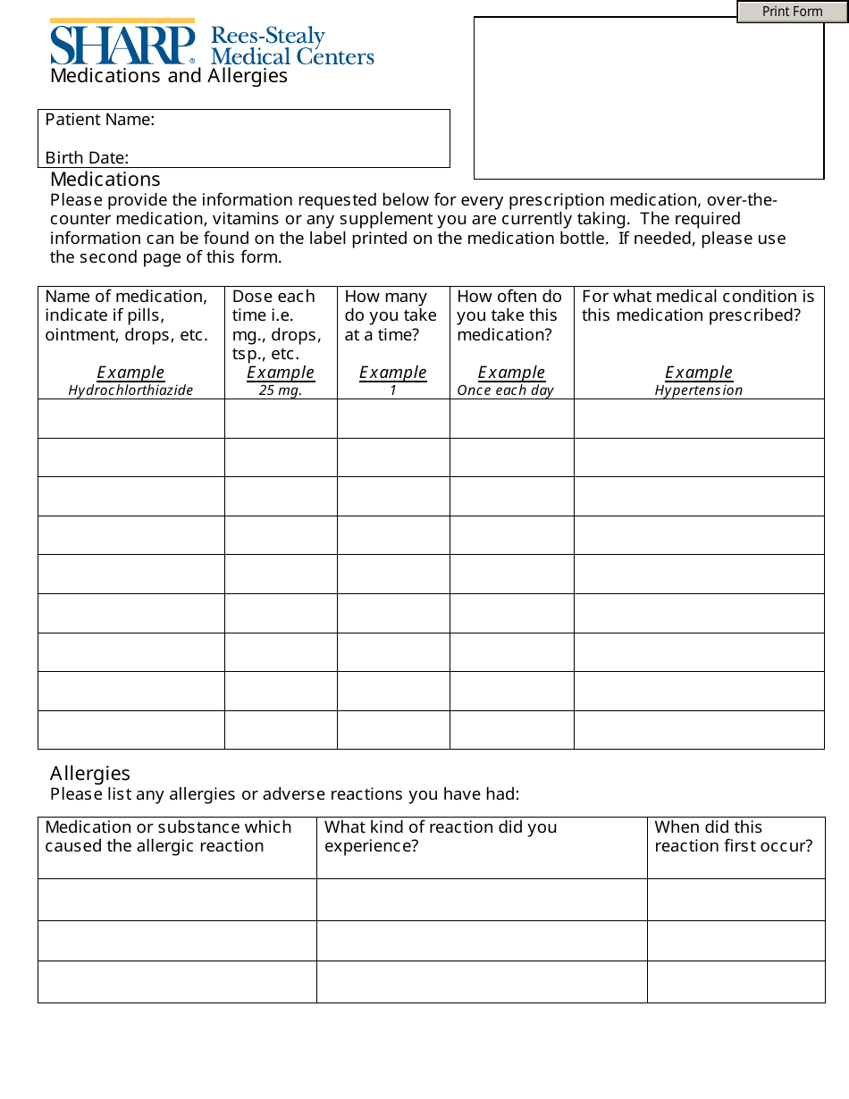 Medications and Allergies Sheet Preview - Practical Uses for Home and Healthcare Providers