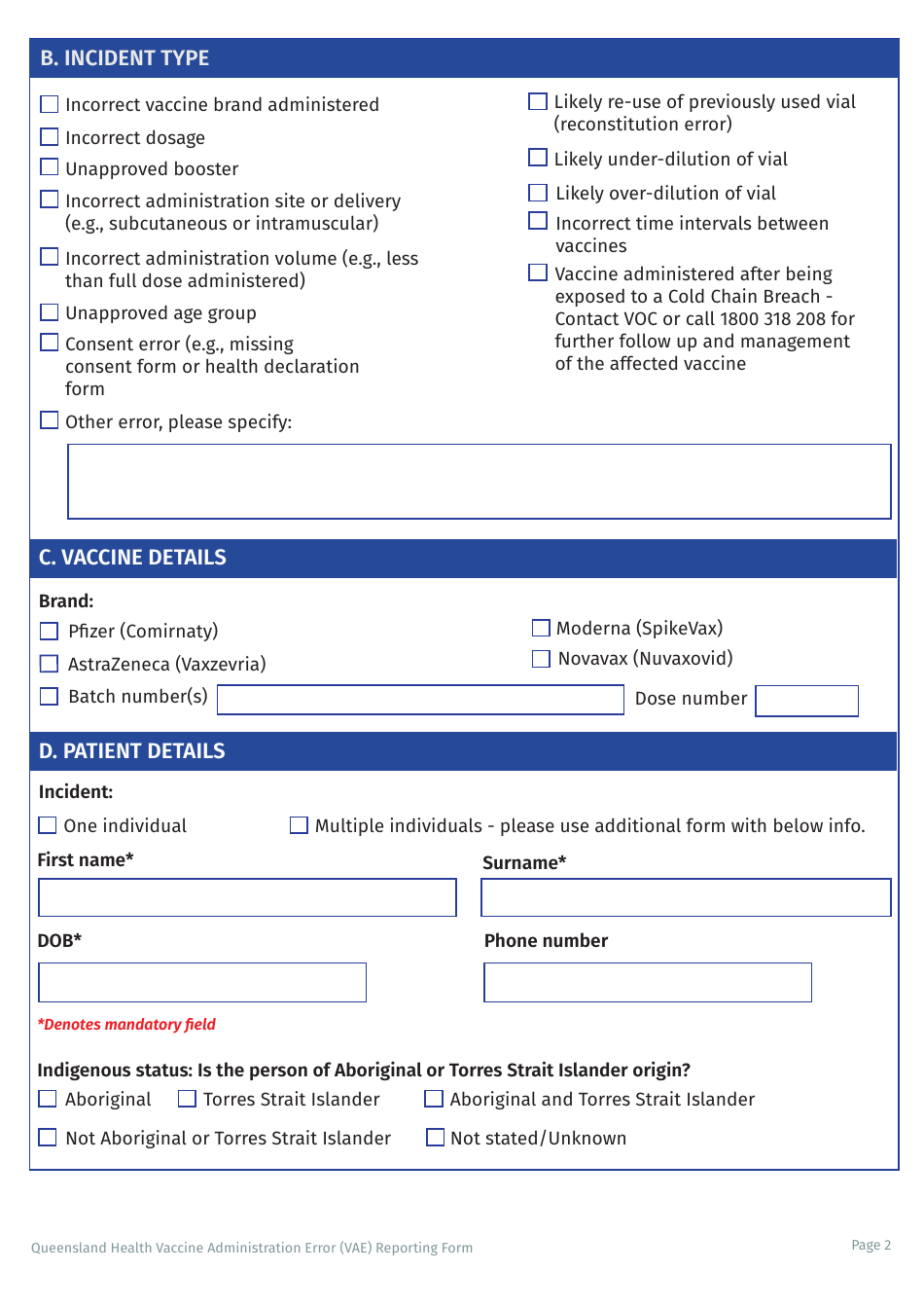 Vaccine Administration Error (Vae) Reporting Form - Queensland, Australia, Page 2