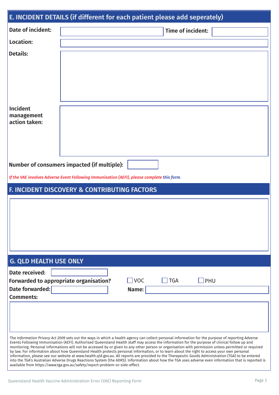 Vaccine Administration Error (Vae) Reporting Form - Queensland, Australia, Page 3