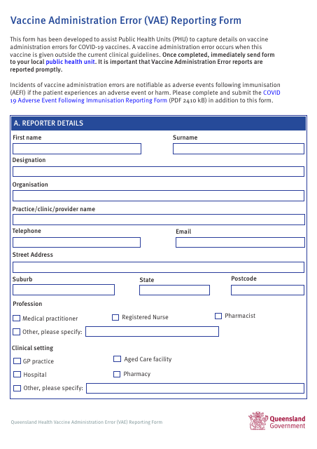 Vaccine Administration Error (Vae) Reporting Form - Queensland, Australia Download Pdf