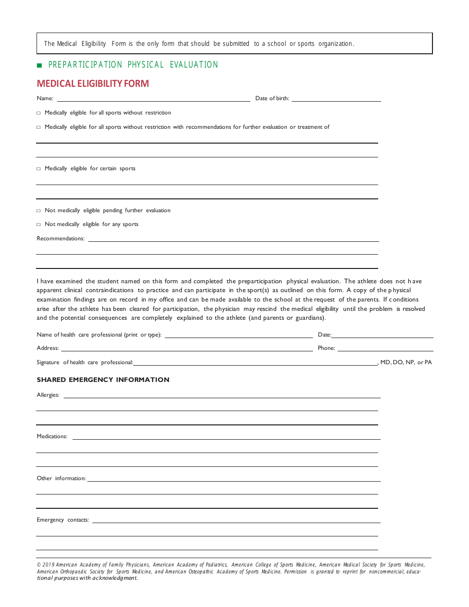 Preparticipation Physical Evaluation Medical Eligibility Form - American Academy of Family Physicians, Page 1