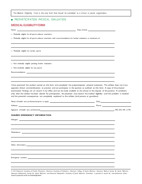 Preparticipation Physical Evaluation Medical Eligibility Form - American Academy of Family Physicians Download Pdf