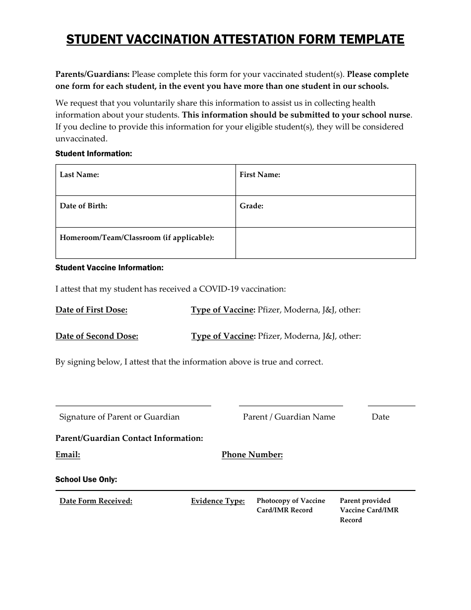 Student Vaccination Attestation Form, Page 1