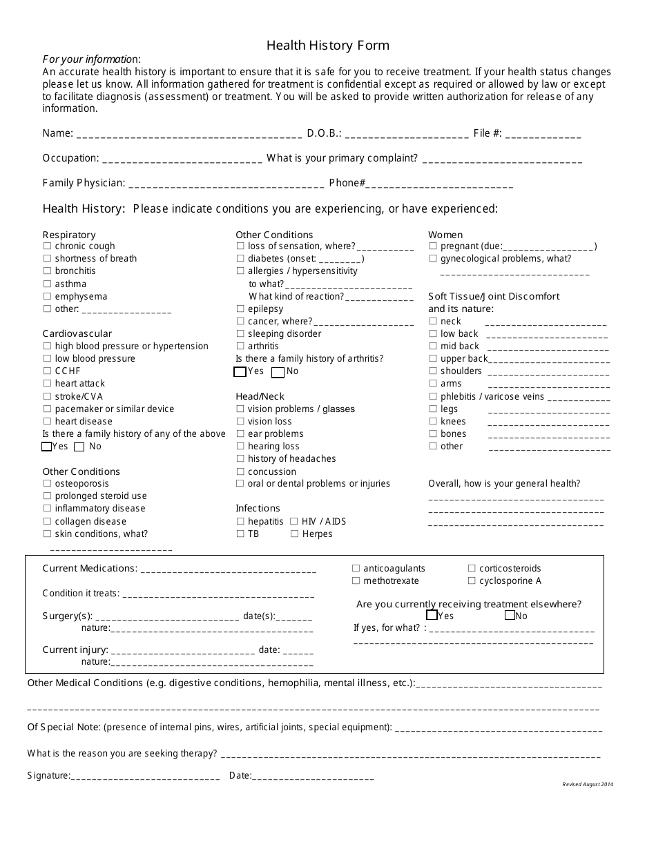Health History Form, Page 1