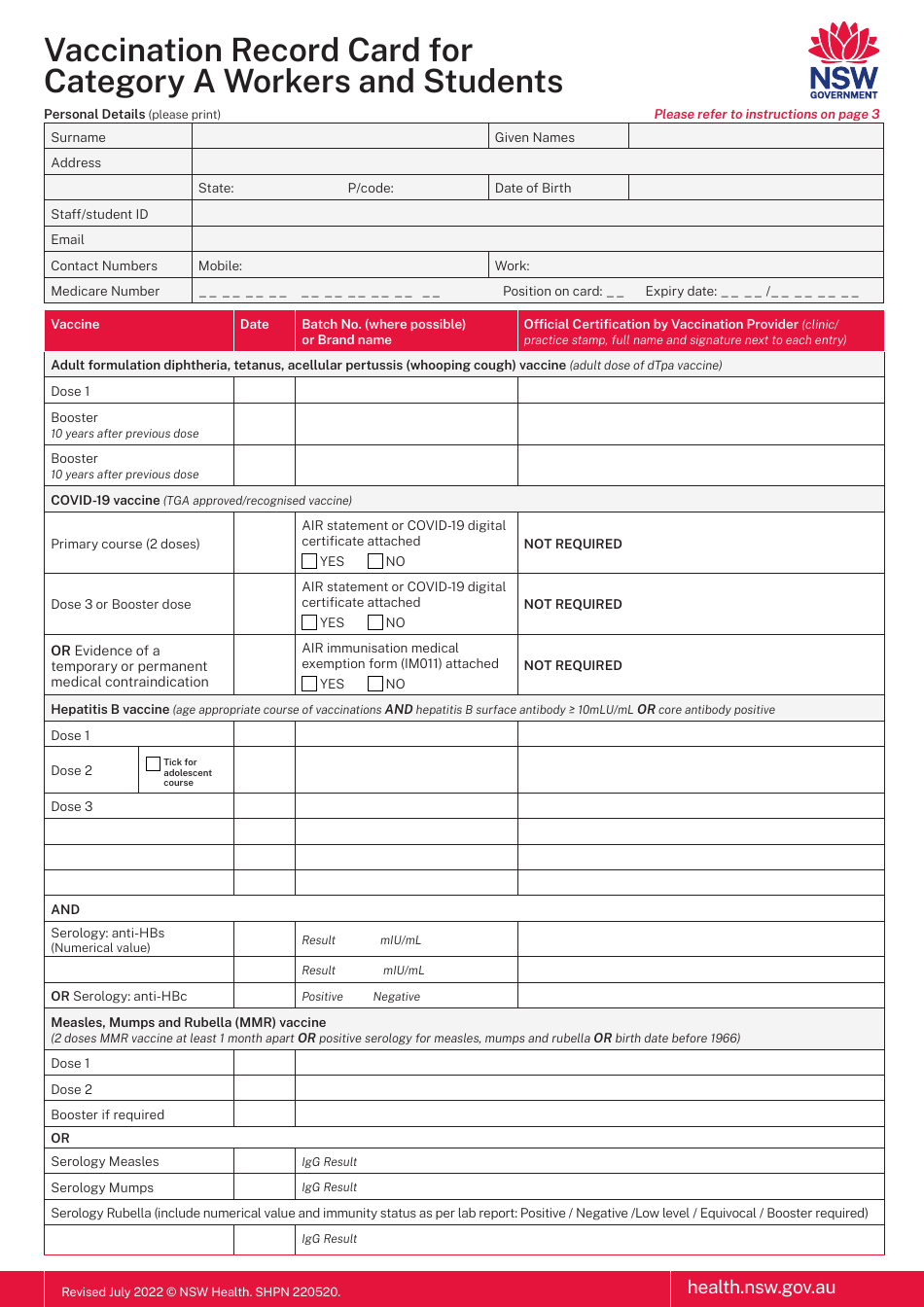 Vaccination Record Card for Category a Workers and Students - New South Wales, Australia, Page 1
