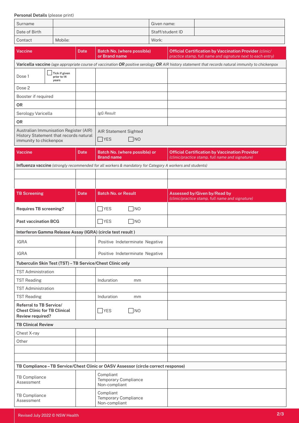Vaccination Record Card for Category a Workers and Students - New South Wales, Australia, Page 2