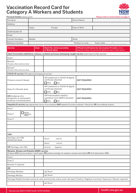 Vaccination Record Card for Category a Workers and Students - New South Wales, Australia Download Pdf