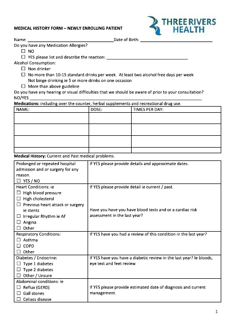 Medical History Form (Newly Enrolling Patient) - Three Rivers Health Download Pdf