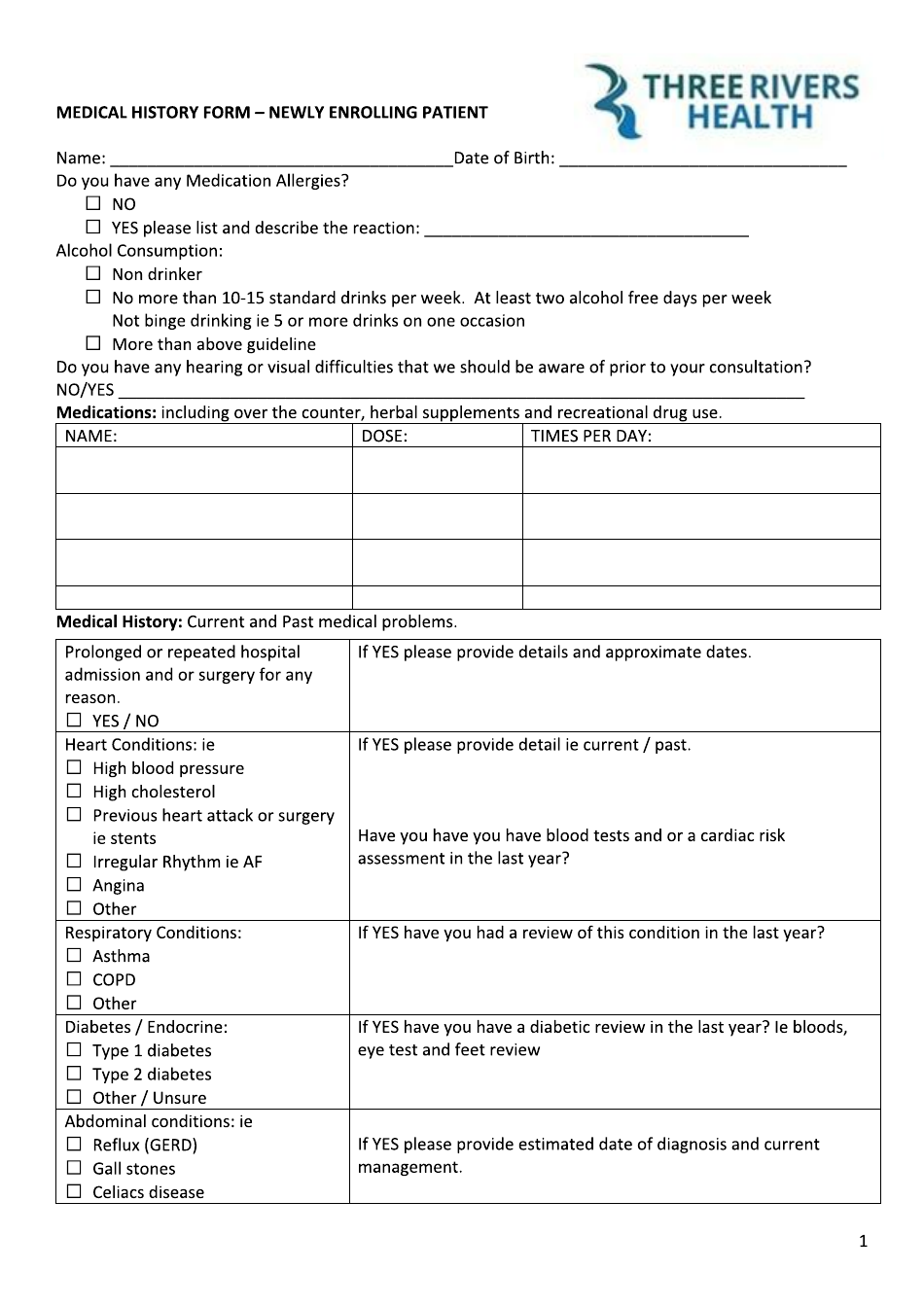 Medical History Form (Newly Enrolling Patient) - Three Rivers Health, Page 1