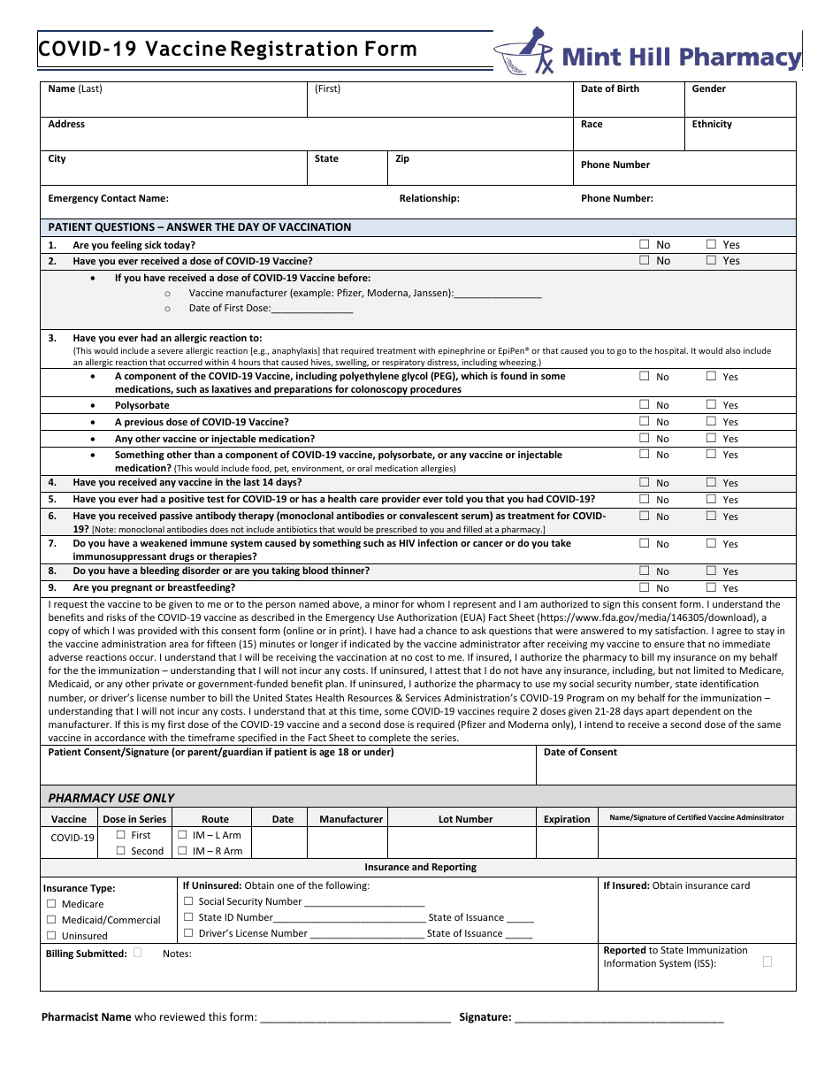 Covid19 Vaccine Registration Form Mint Hill Pharmacy Fill Out