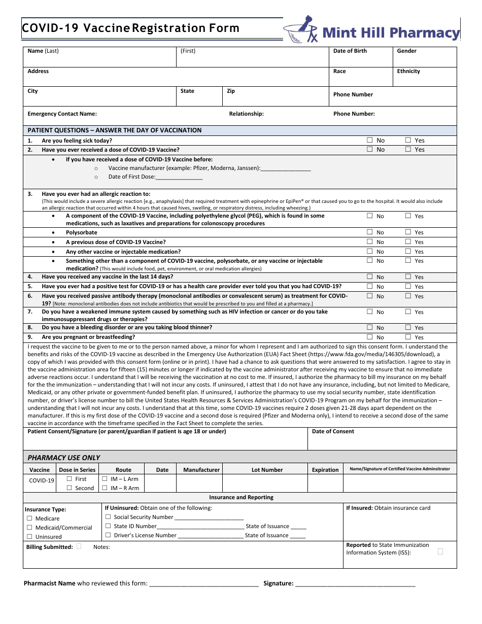 Covid-19 Vaccine Registration Form - Mint Hill Pharmacy, Page 1